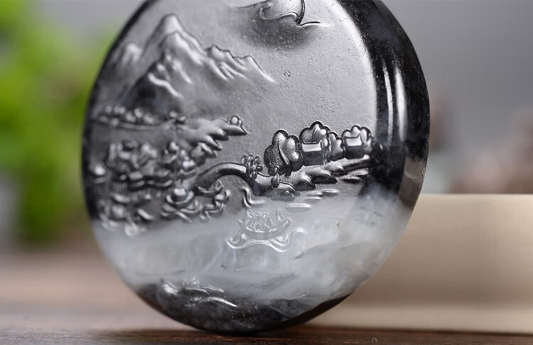 千尺山 省级大师苏红占作品 新疆和田玉墨玉青花籽料山水风景人家挂件