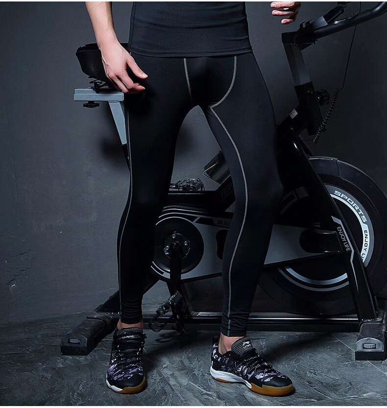 李宁运动紧身裤男训练跑步健身长裤高弹力九分裤速干篮球打底裤 拼接