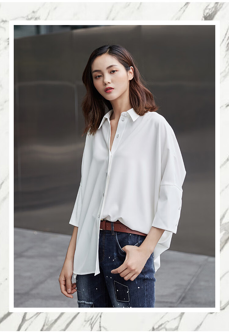 哥弟girdear 简约宽松纯色中袖单排扣翻领上衣女式衬衫 黑 m