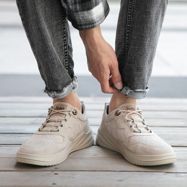jeep 吉普男鞋秋季潮流时尚舒适男款鞋子秋冬男士休闲鞋男板鞋 沙色