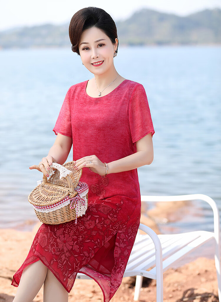 福玛玛中年妇女妈妈装旗袍裙中老年夏季中长款过膝裙子阔太太雪纺