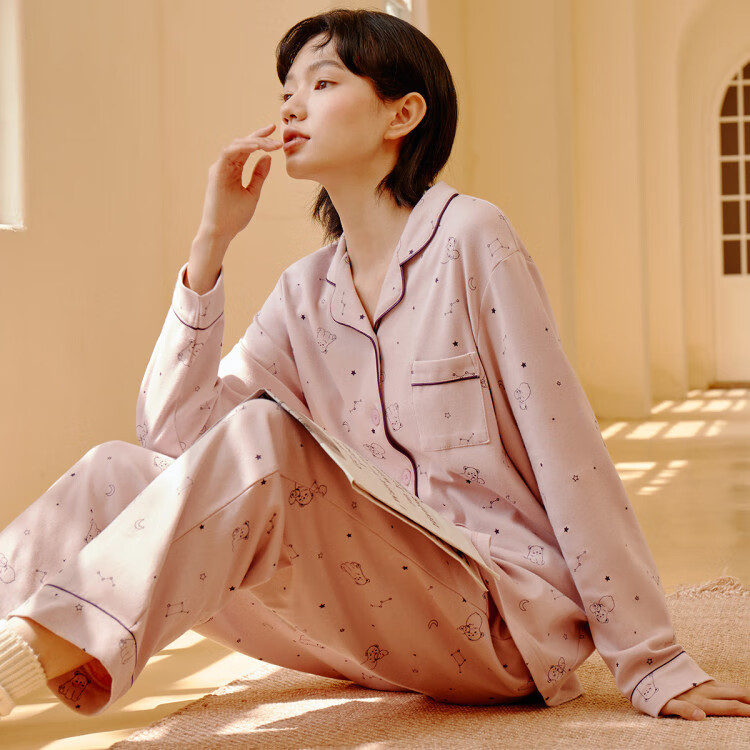 三枪 纯棉可爱熊印花-翻领开襟绵柔亲肤女家居服女士睡衣 粉红熊 m