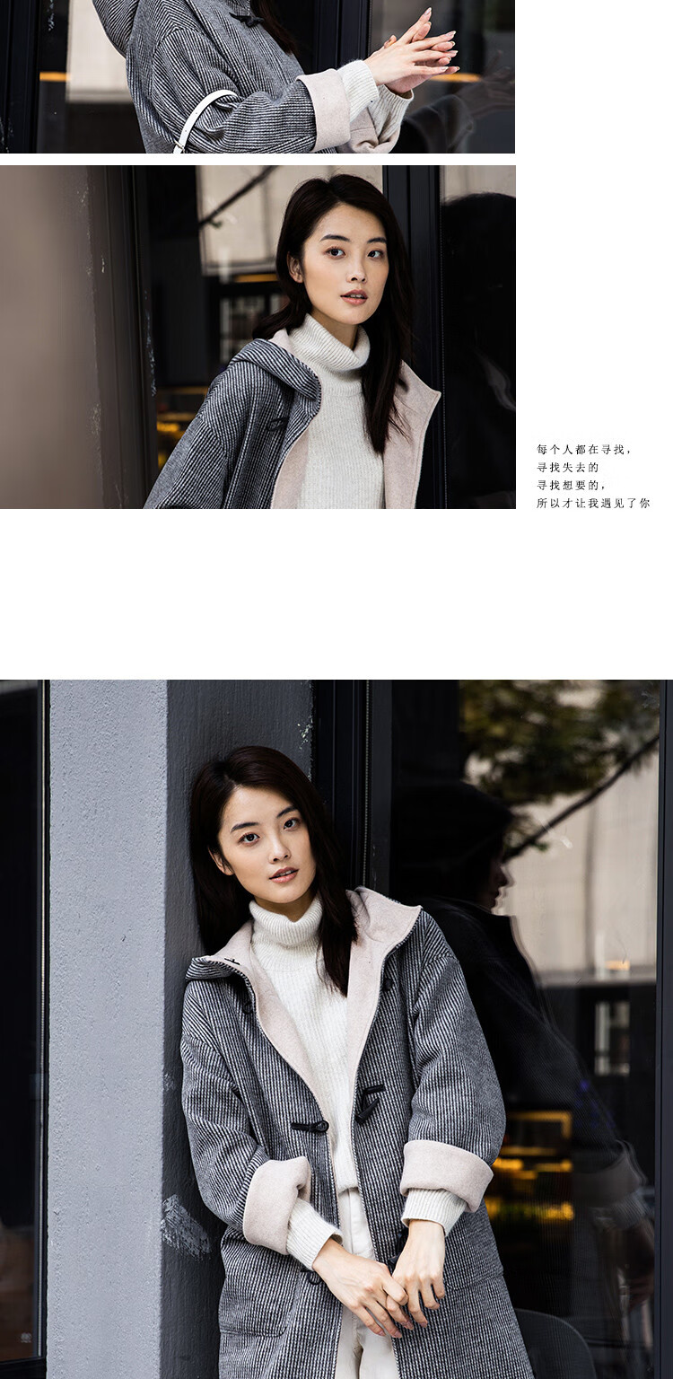 子陌zimo冬装新款百搭宽松连帽单排牛角扣加厚中长款女式大衣毛呢大衣