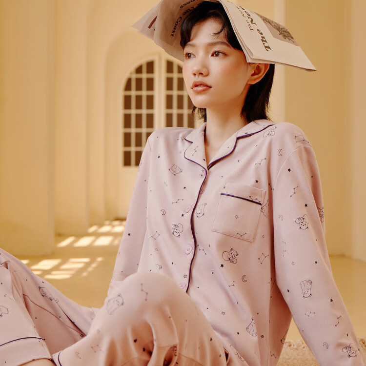 三枪 纯棉可爱熊印花-翻领开襟绵柔亲肤女家居服女士睡衣 粉红熊 m