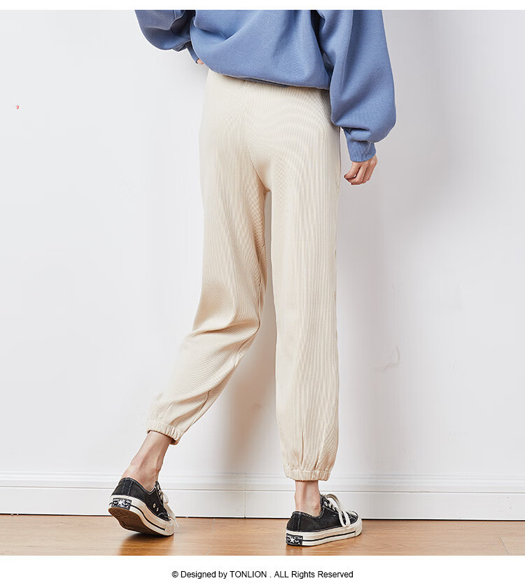 秋冬加厚休闲裤女坑条束脚裤休闲长裤女裤子女运动休闲裤 藕色 xl