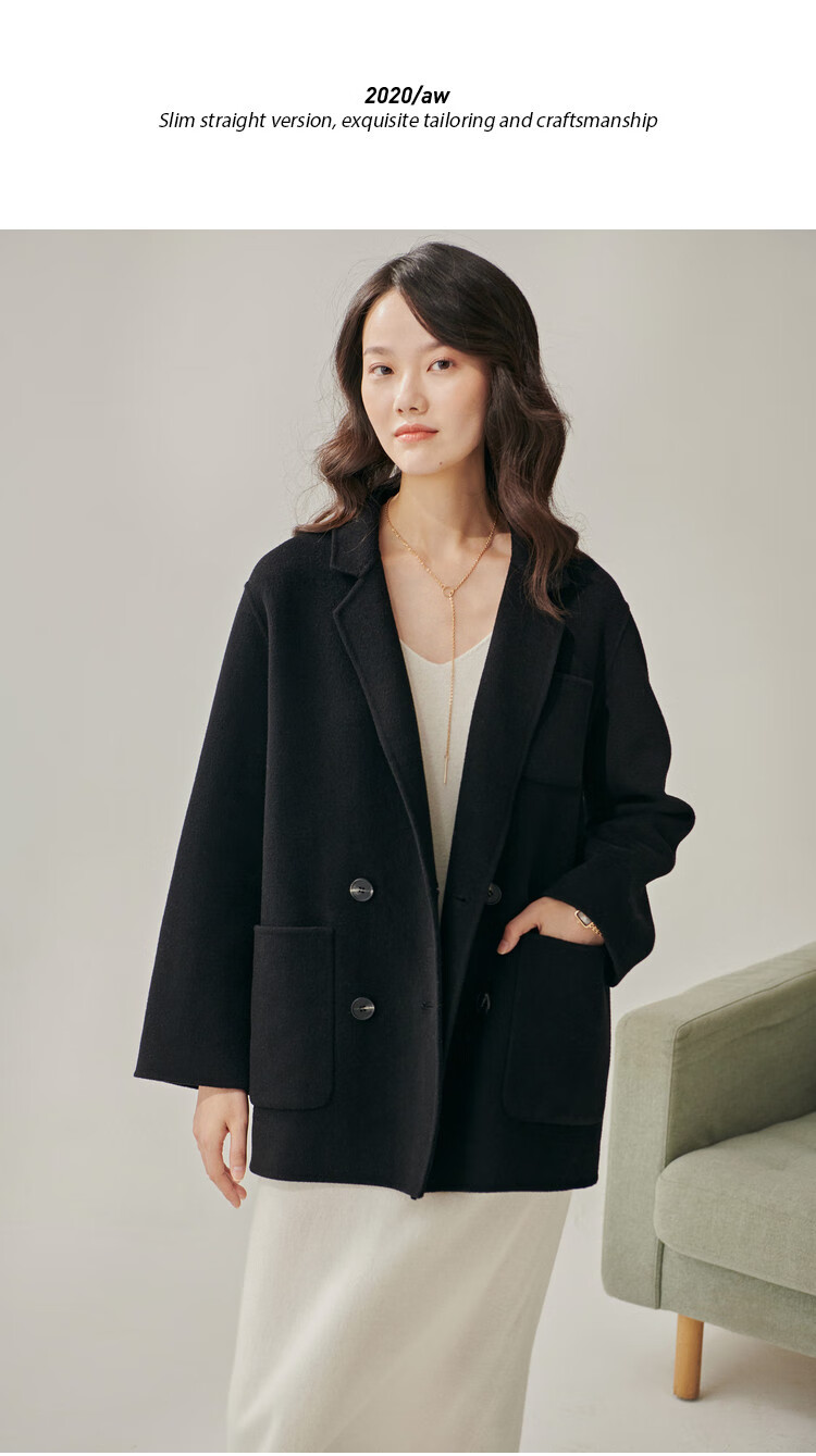 100%澳洲初剪羊毛大衣女双面呢外套小个子双排扣西装领毛呢 鱼子酱色