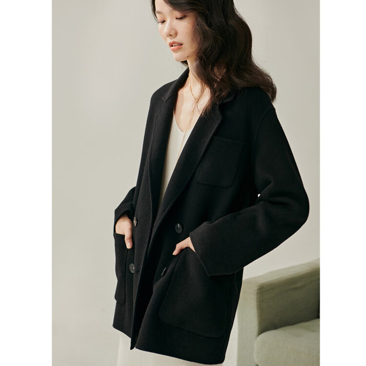 100%澳洲初剪羊毛大衣女双面呢外套小个子双排扣西装领毛呢 鱼子酱色