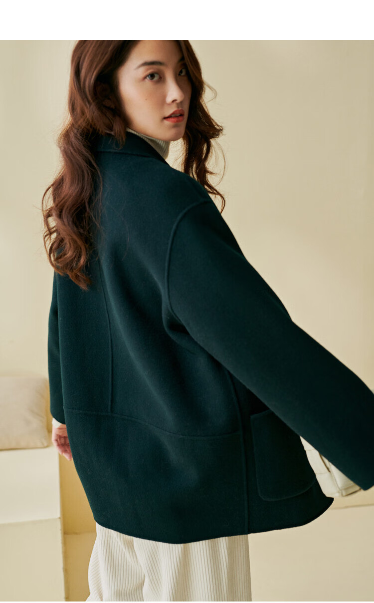 100%澳洲初剪羊毛大衣女双面呢外套小个子双排扣西装领毛呢 鱼子酱色