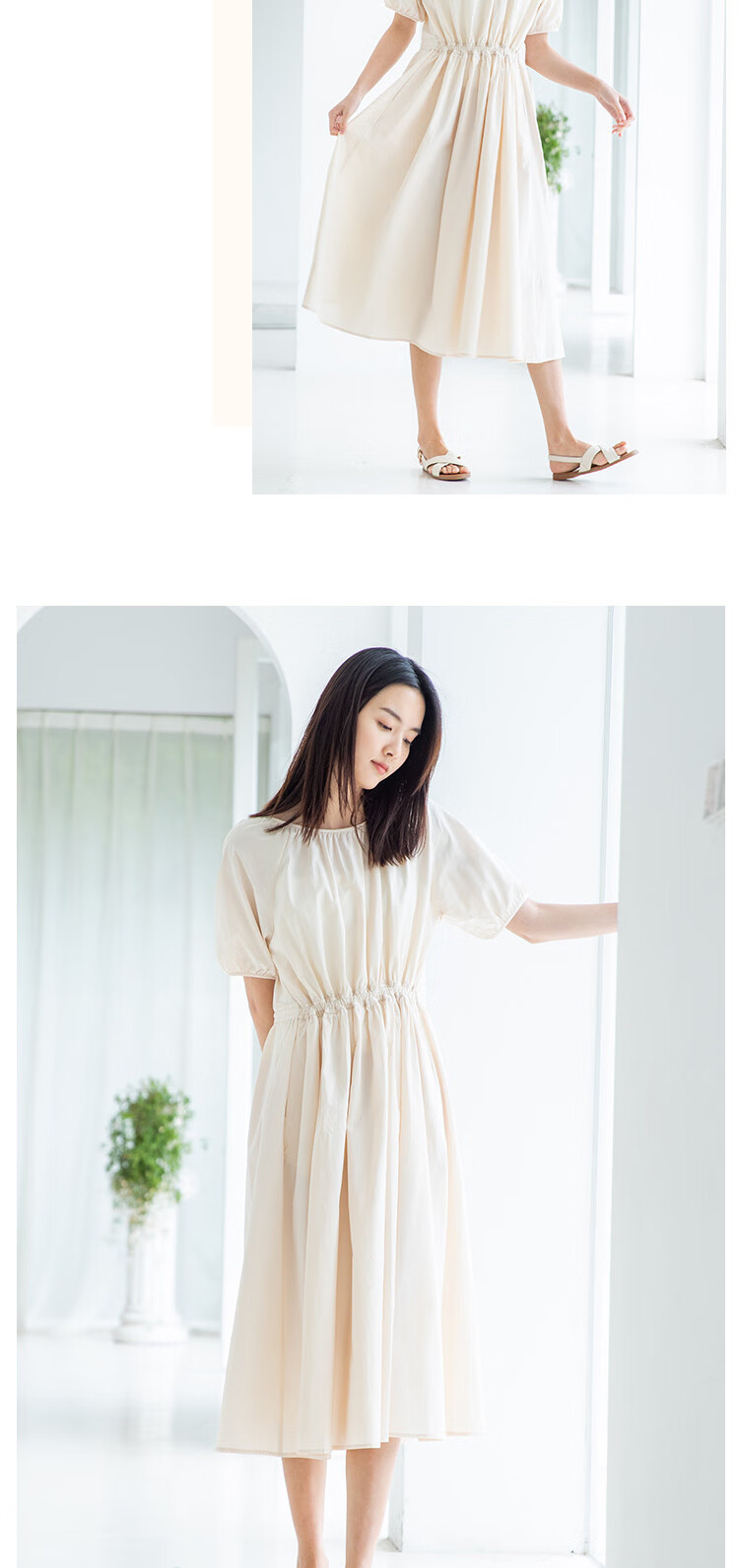 子陌zimo 2020新品百搭抽绳收腰纯棉短袖过膝长款连衣裙夏 藏青色 m