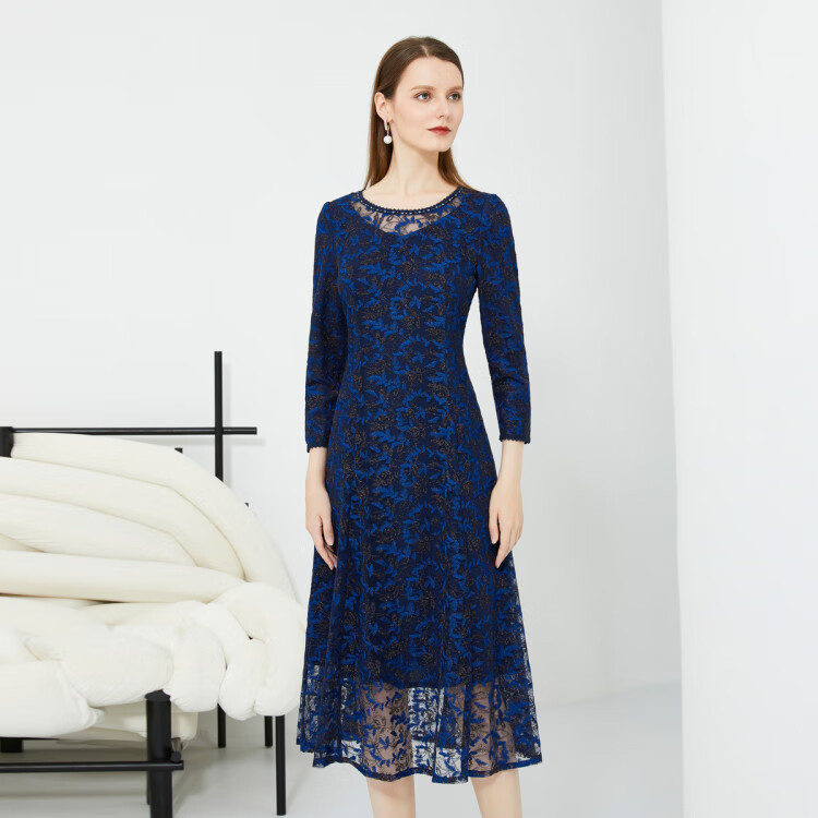 马天奴myteno 秋冬港风复古宝蓝色网纱刺绣修身显瘦礼服连衣裙 宝蓝