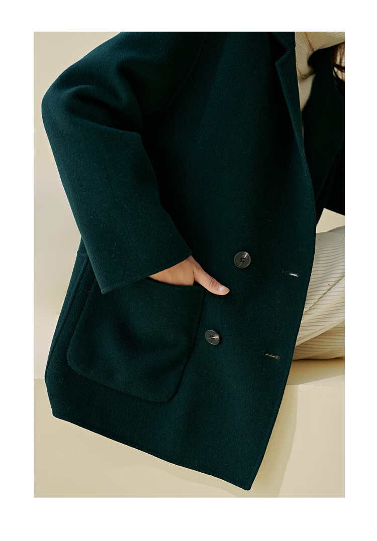 100%澳洲初剪羊毛大衣女双面呢外套小个子双排扣西装领毛呢 鱼子酱色