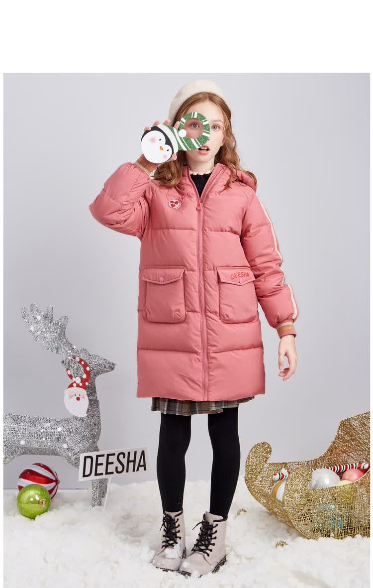 笛莎deesha 女大童中长款羽绒服20冬季新款儿童运动风90绒保暖冬装