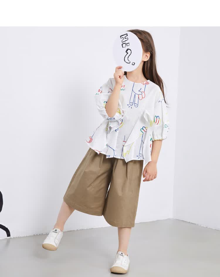 童装女大童艺术感衬衫2021夏季新款抽象涂鸦荷叶边衬衣花白色花型图案