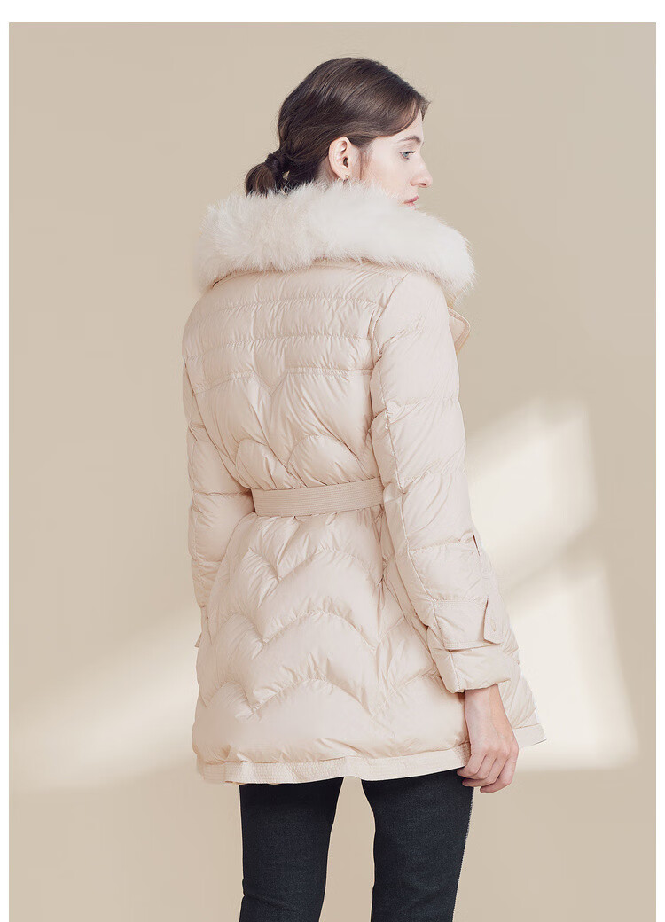 恩曼琳anmani 19秋冬新毛领蝴蝶结绑带纽扣收腰修身羽绒服外套 燕麦 m