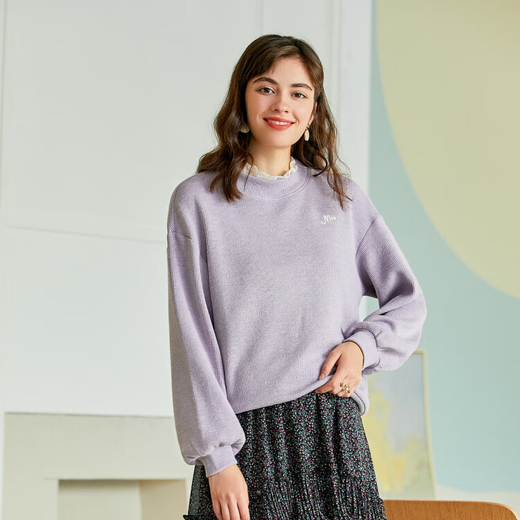 百图betu 【唯品专供】秋冬新款宽松落*笼袖纯色t恤女 粉紫色 xs