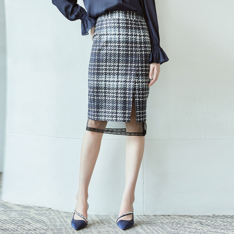 哥弟girdear简约气质网纱开衩a字裙半身裙裙子女黑l