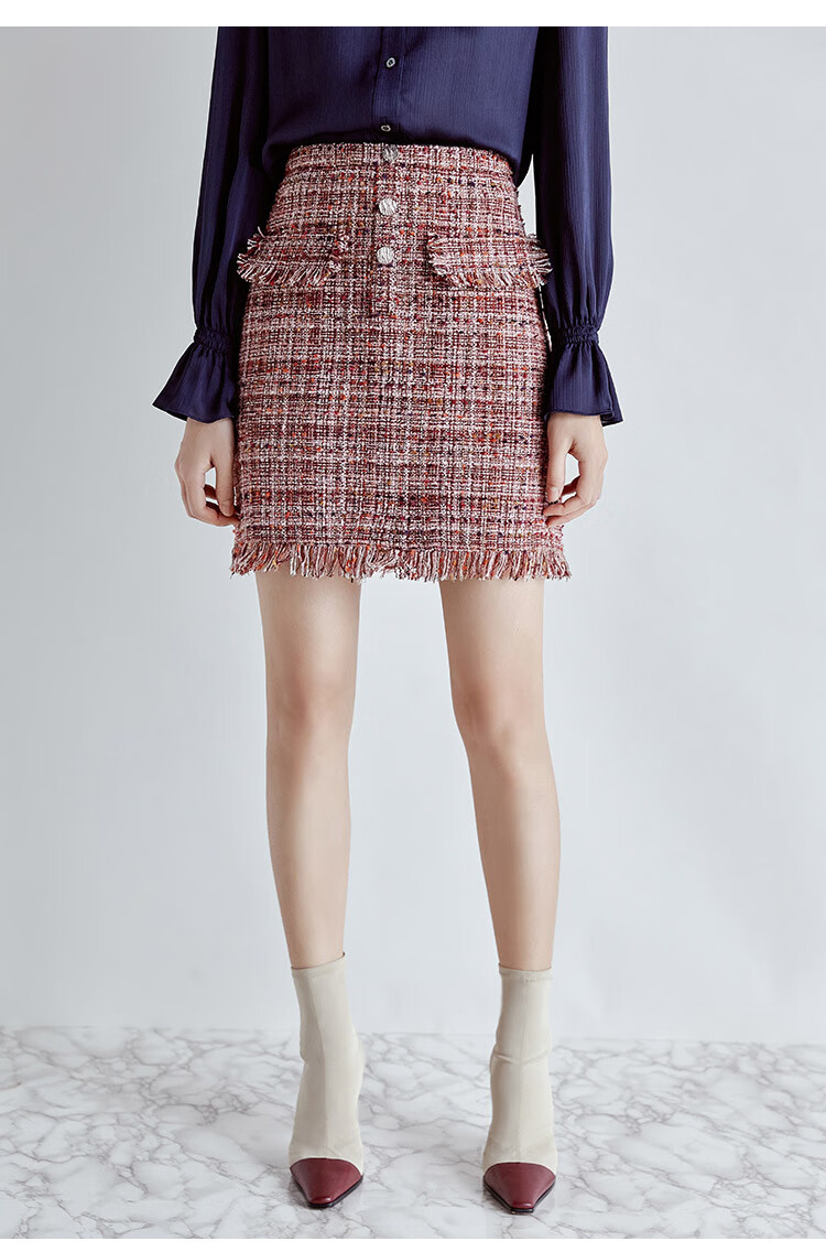 哥弟girdear 休闲通勤毛须边混色粗花呢a字裙中腰半身裙女短裙 红 l