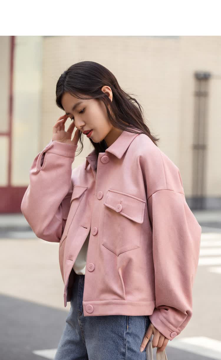 冬装女款文艺休闲单排扣翻领落肩袖短款秋冬女装外套上衣女 藕粉色 m