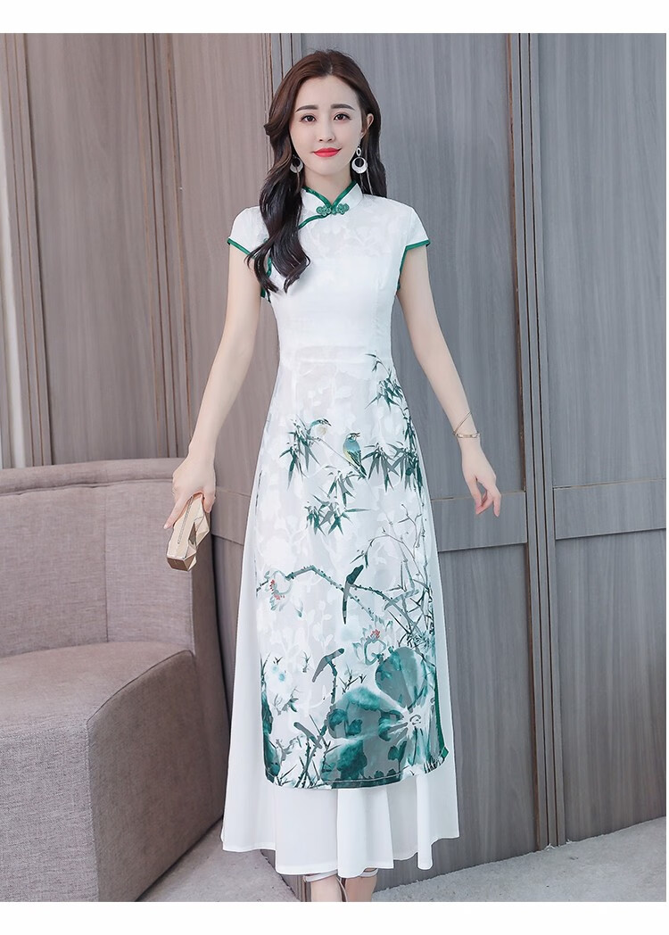 妃言旗袍女2019夏装新款女改良雪纺印花中长款短袖时尚旗袍连衣裙