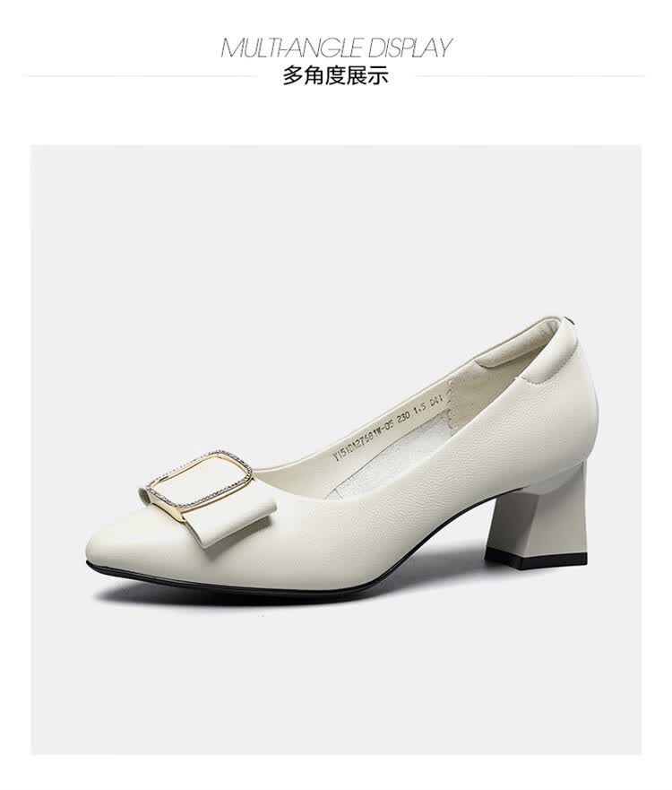 意尔康yearcon 2020年新款牛皮革中跟简约金属装饰增高鞋通勤鞋女单鞋