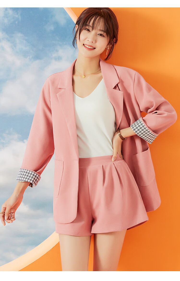 新款知性通勤风垂感撞色袖口单粒扣西装外套短裤秋装套装女式粉色s