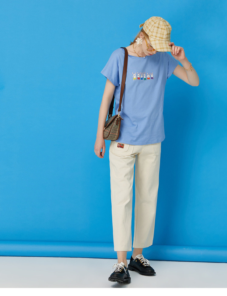 【清仓直降】20夏清新趣味兔子撞色印花宽松连裁短袖圆领t恤女 浅蓝色
