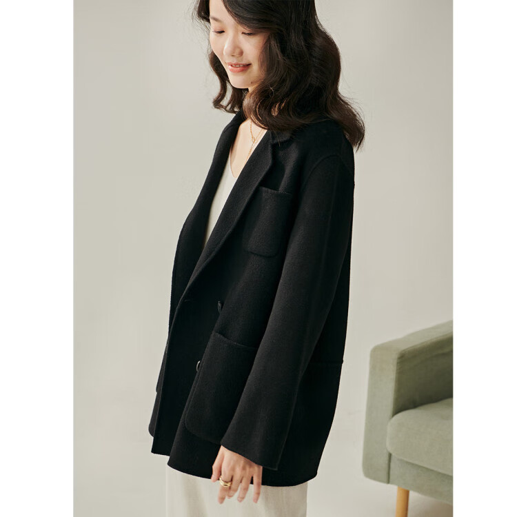 100%澳洲初剪羊毛大衣女双面呢外套小个子双排扣西装领毛呢 鱼子酱色