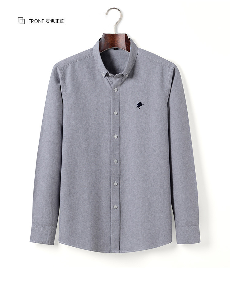 雅鹿男装 20春秋新品男士纯棉舒适百搭上衣刺绣经典气质长袖衬衫 灰色
