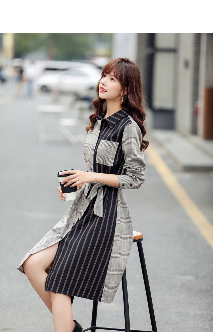 感格子拼接条纹长袖连衣裙女系带收腰中长款翻领纽扣衬衫裙子 藏青色