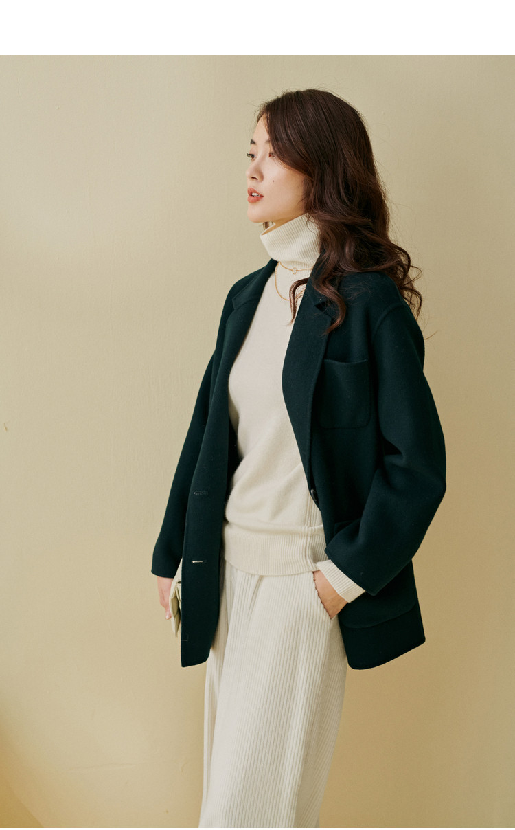 100%澳洲初剪羊毛大衣女双面呢外套小个子双排扣西装领毛呢 鱼子酱色