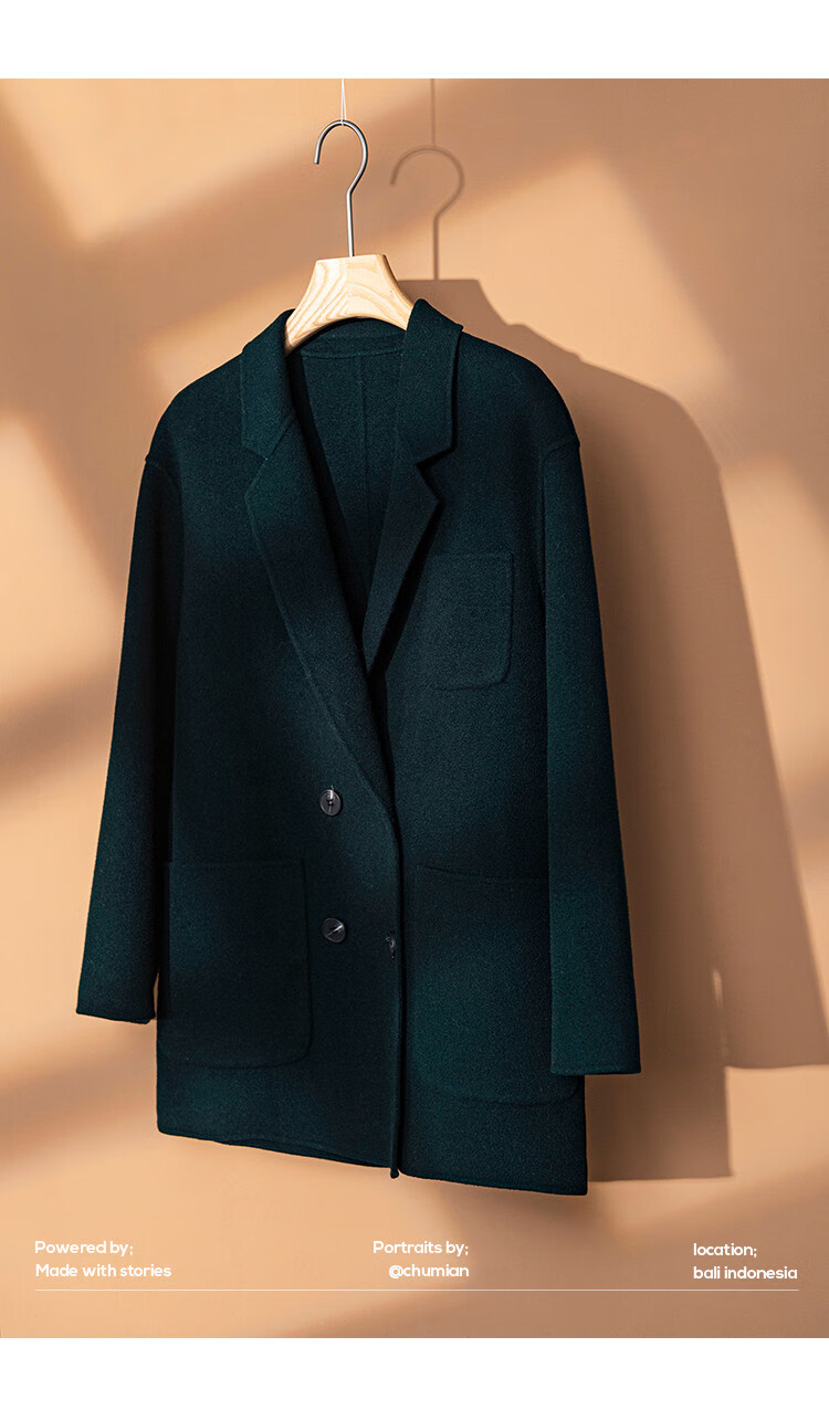 100%澳洲初剪羊毛大衣女双面呢外套小个子双排扣西装领毛呢 鱼子酱色