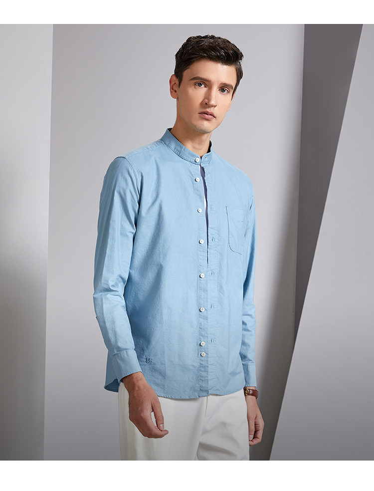 bosssunwen优质精梳棉春季新品简洁大方衬衣男百搭小立领长袖男式衬衫
