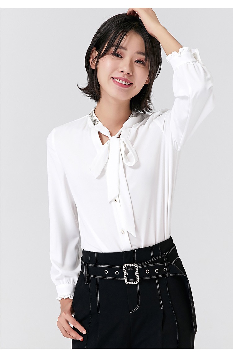 逸阳女裤v领衬衫2020春季新款钻饰点缀系带领口衬衣1967 白色 m