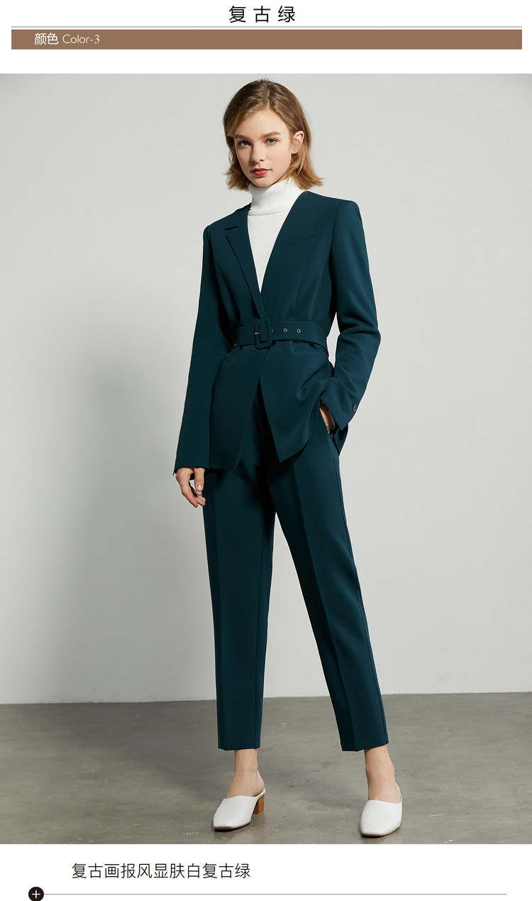amii 【20秋新款】极简时尚通勤设计感西装配腰带修身九分裤套装女 苔