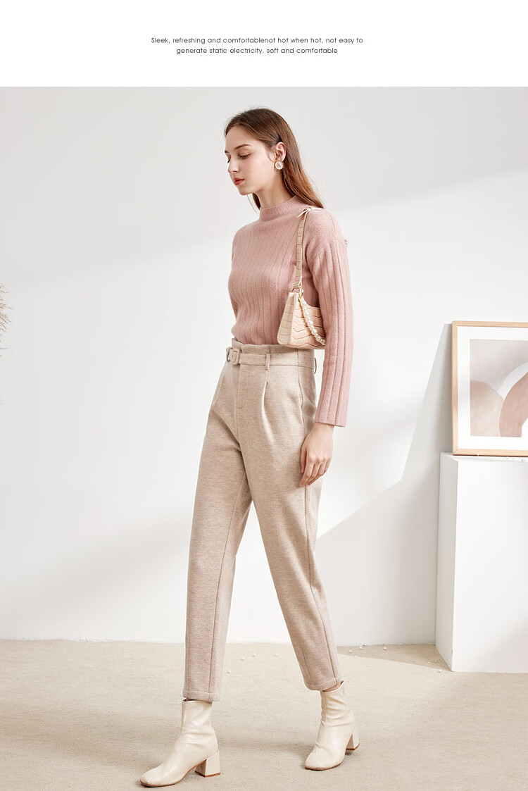 三彩【价同店庆】新款燕麦色休闲奶奶裤长裤收腰裤子 米黄 m