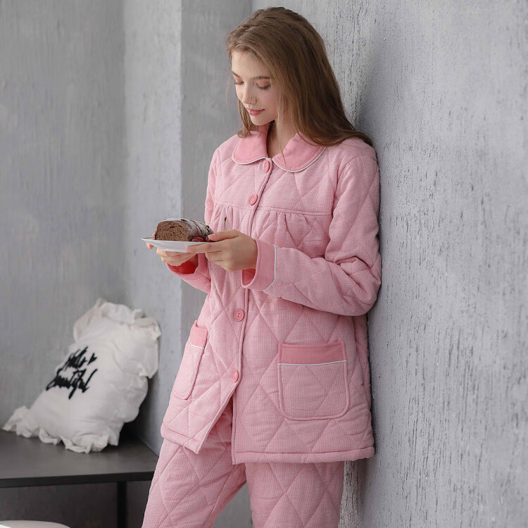 达尔丽daerli 秋冬纯棉梭织格加厚保暖夹棉开衫长袖睡衣女家居服女士