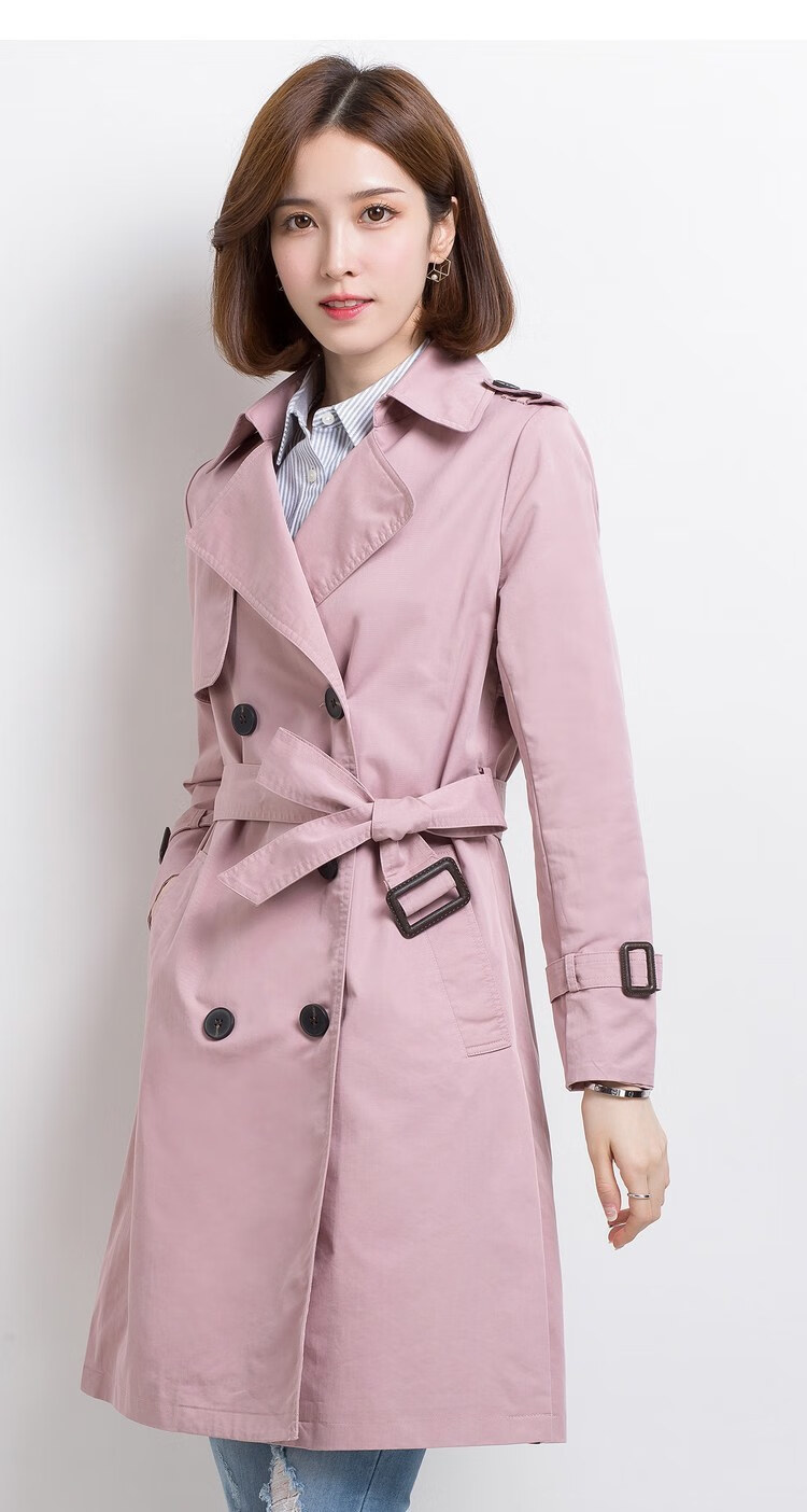 恒源祥 双排扣外套女秋冬季外衣中长款系带收腰上衣女式风衣 粉色 xl