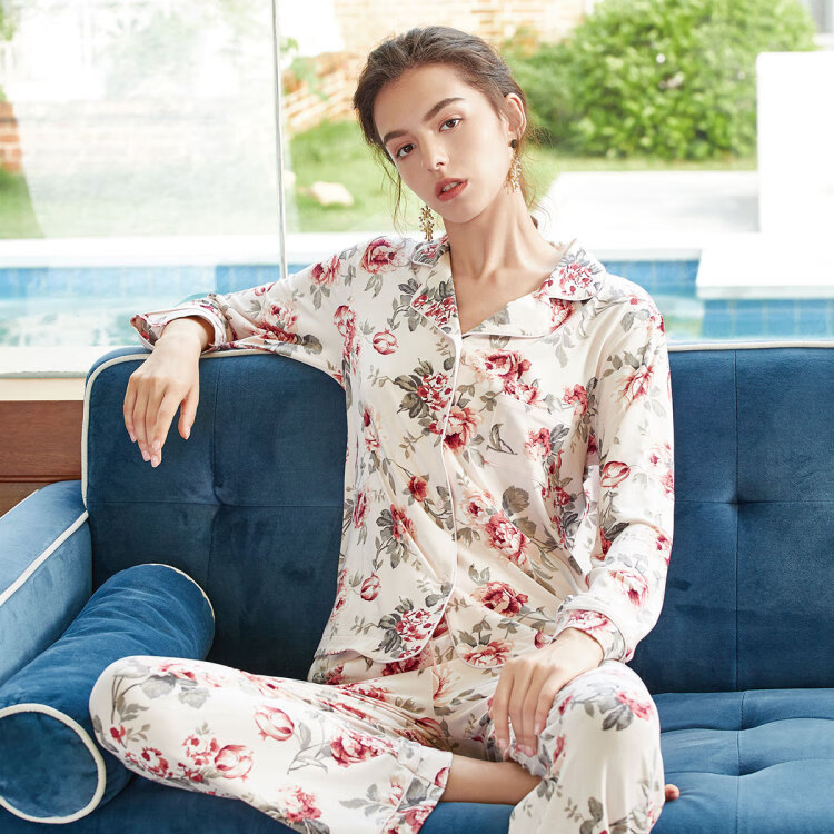 欧迪芬ordifen 时尚翻领印花女士家居服套装舒适睡衣女 嫩粉色 l