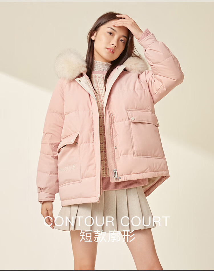 千仞岗chericom 女款2020年秋冬新款短款工装简约印花保暖羽绒服外套