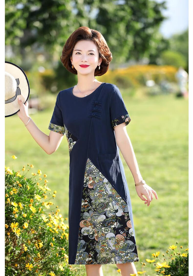宝莲朵妈妈装洋气纯棉连衣裙中年女装夏装民族风大码中老年人夏天气质