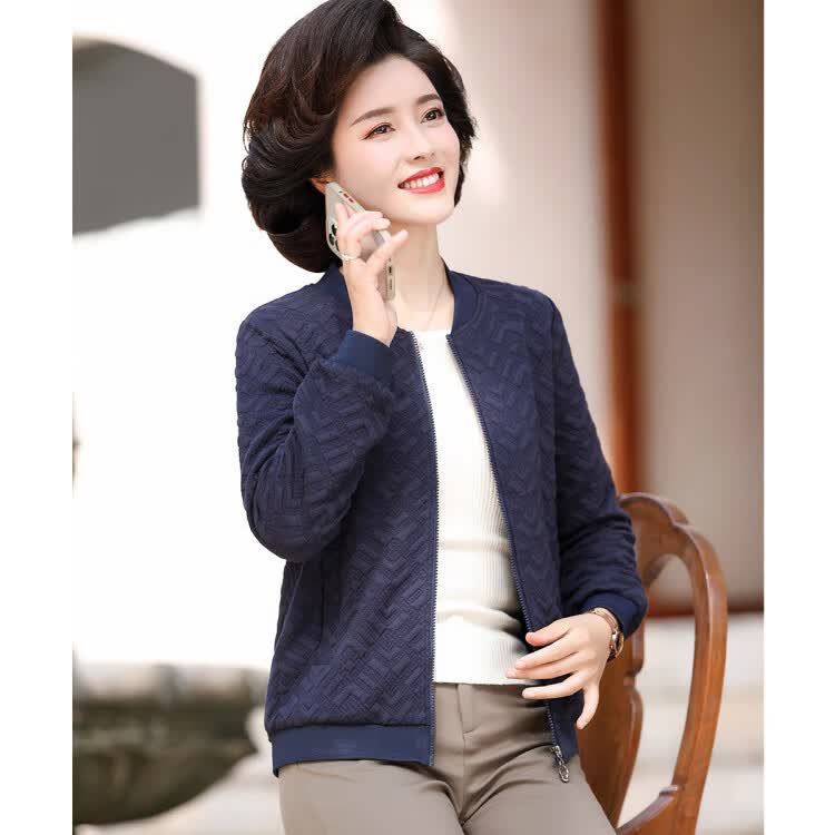 茜韵婡秋季2021中老年女装休闲棒球领夹克百搭提花妈妈装外套藏青色