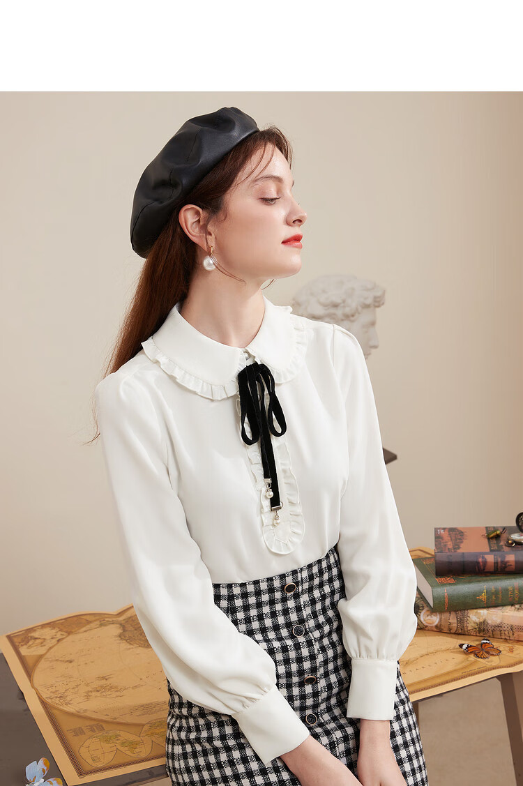 三彩 新款木耳边娃娃领蝴蝶结系带灯笼袖长袖衬衫上衣 白色 s