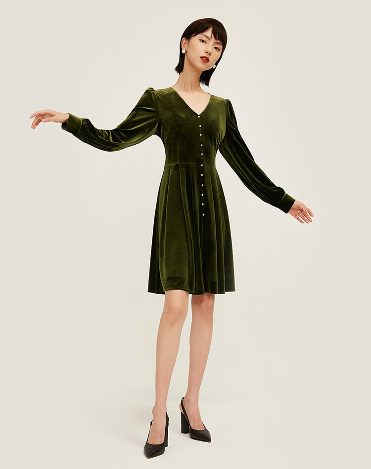 纳薇naivee 2020秋季新款复古v领灯笼袖收腰丝绒连衣裙 黑色 l