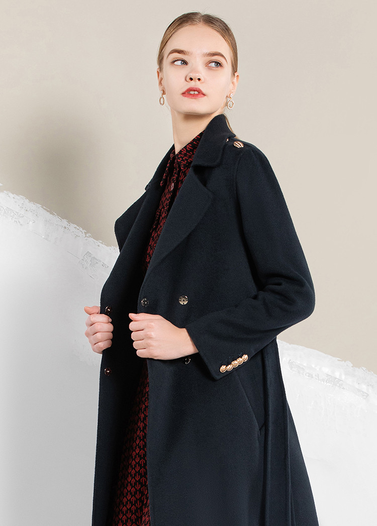 马天奴myteno 休闲商务通勤纯色长袖中长款收腰翻领h型女式大衣毛呢