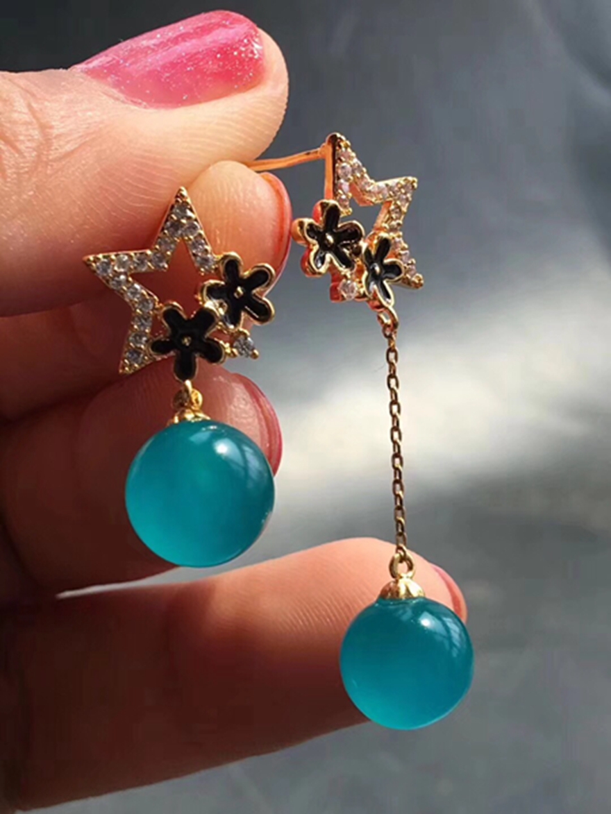 诺源珠宝 天然天河石耳坠 冰种天河石圆珠耳钉925银