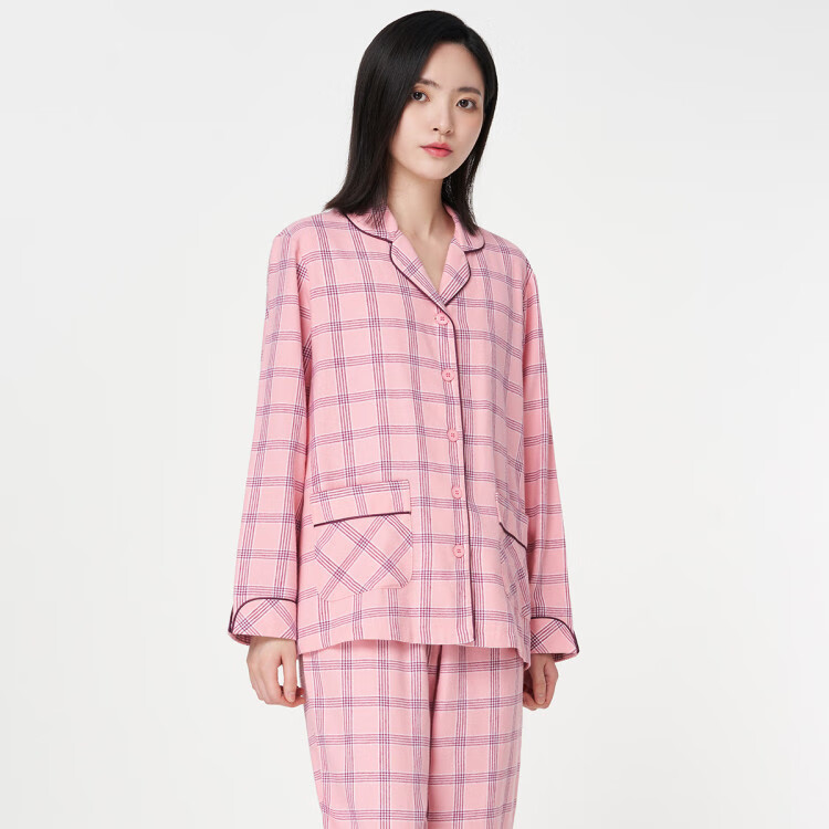 三枪 彩格绒布可外穿-绵柔亲肤全开襟女士家居女睡衣 粉格30 xl