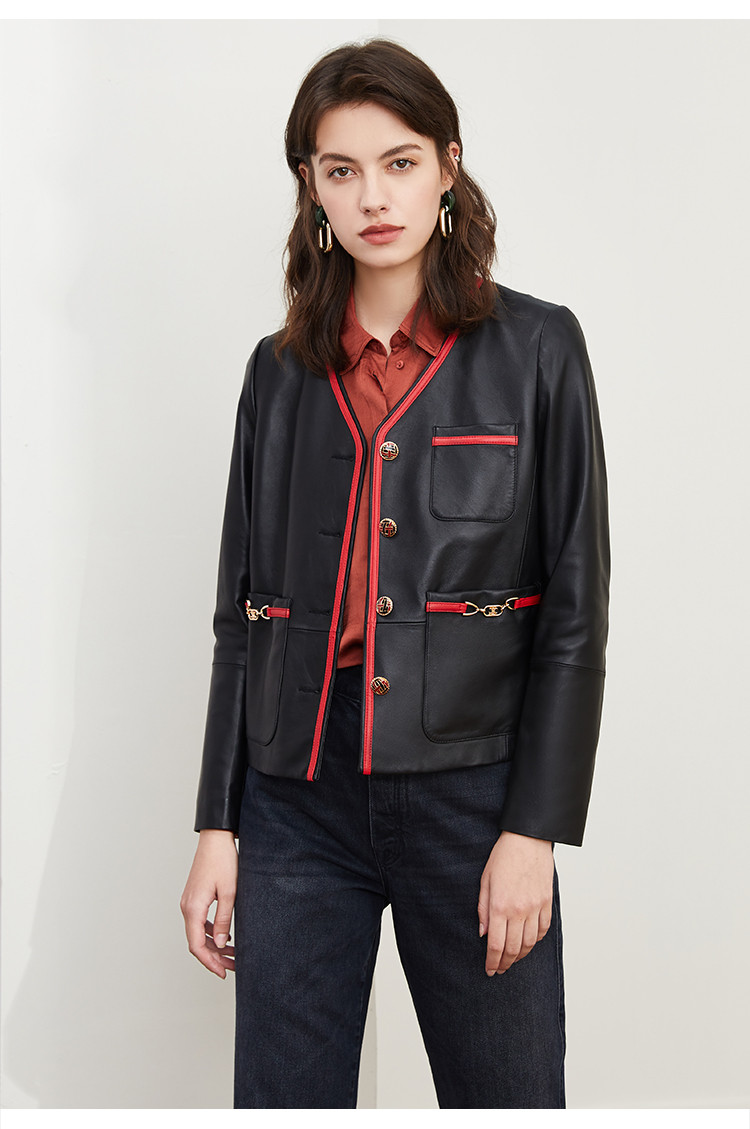 雪豹2020秋季新款v领复古撞色单排扣绵羊皮女士真皮皮衣 黑色 大红 38