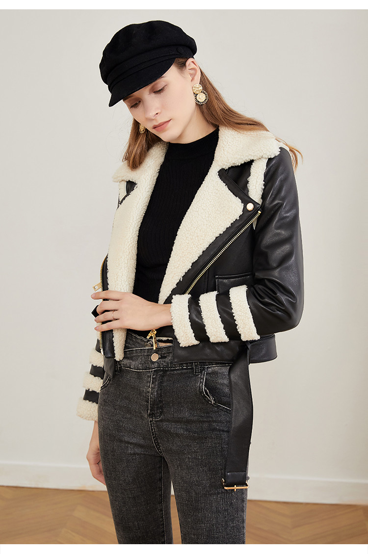 雪豹 短款机车款拼接羊毛皮棉皮衣皮草 黑色 38