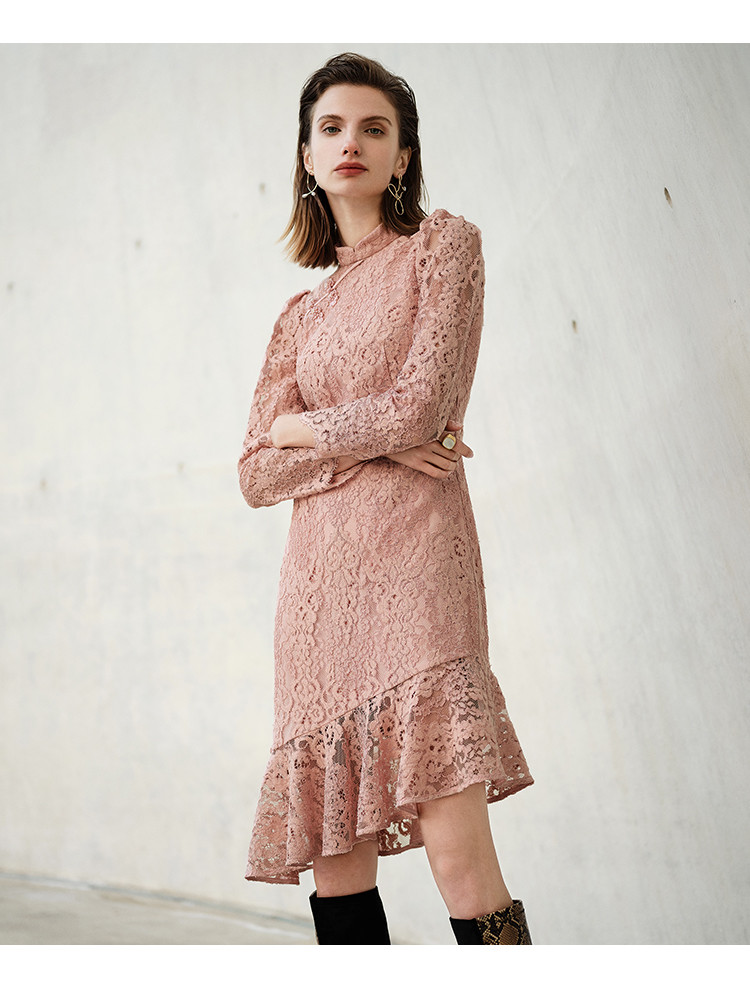 华欧秀evaouxiu 2020春季女装新款时尚棉质鱼尾裙修身蕾丝长袖连衣裙