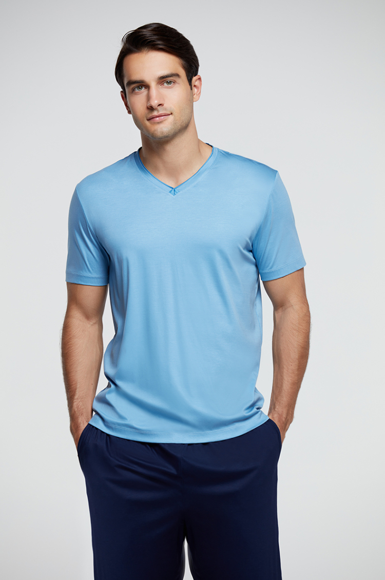 爱慕先生短袖男士t恤莫代尔21ss纵享丝滑家居v领短袖ns41e321浅蓝185